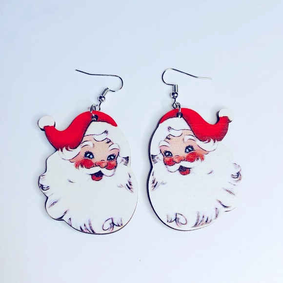 1Pair Wooden Christmas Santa Claus Decor Drop Dangle Earrings Women Xmas Gift - Picture 2 of 3